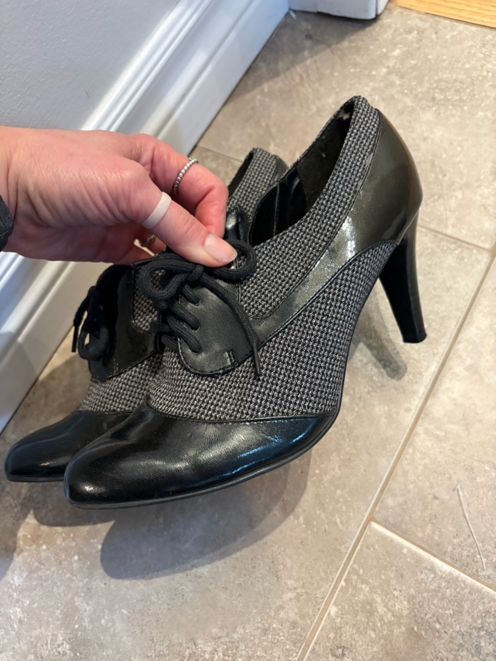 Impo Black Tweed & Patent Lace-Up Heels